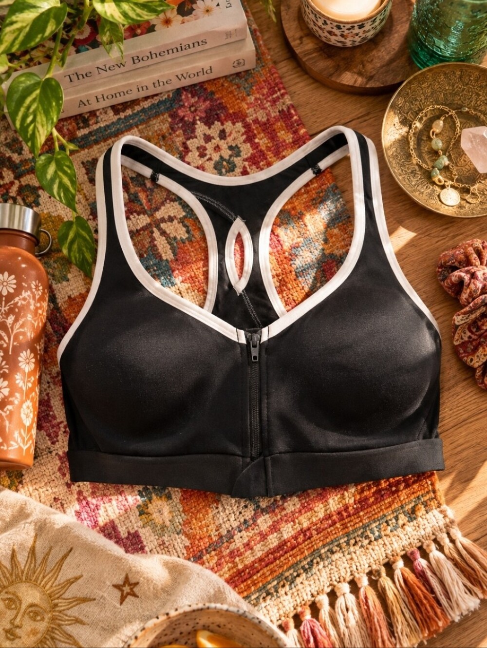 4/$15 Danskin Now 38C Black White Front Zip Racerback Sports Bra Athleisure